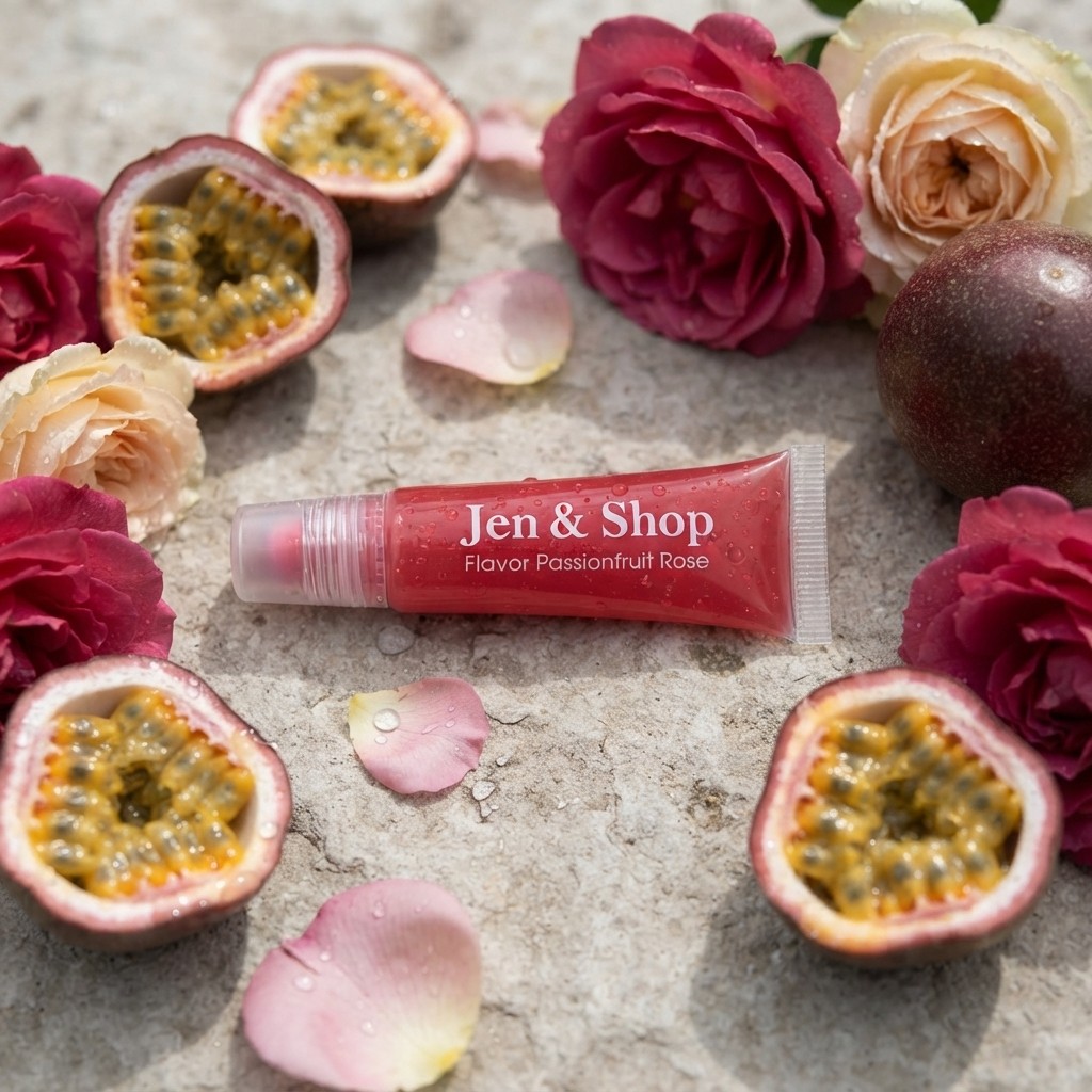 Jen & Shop pink lip gloss among roses and cut passionfruit